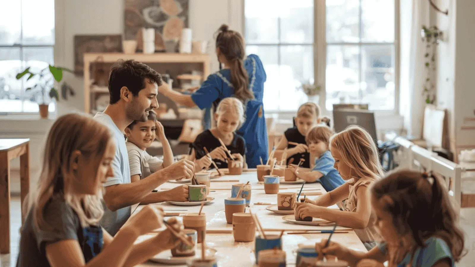 Families painting pottery in a fun Arizona studio