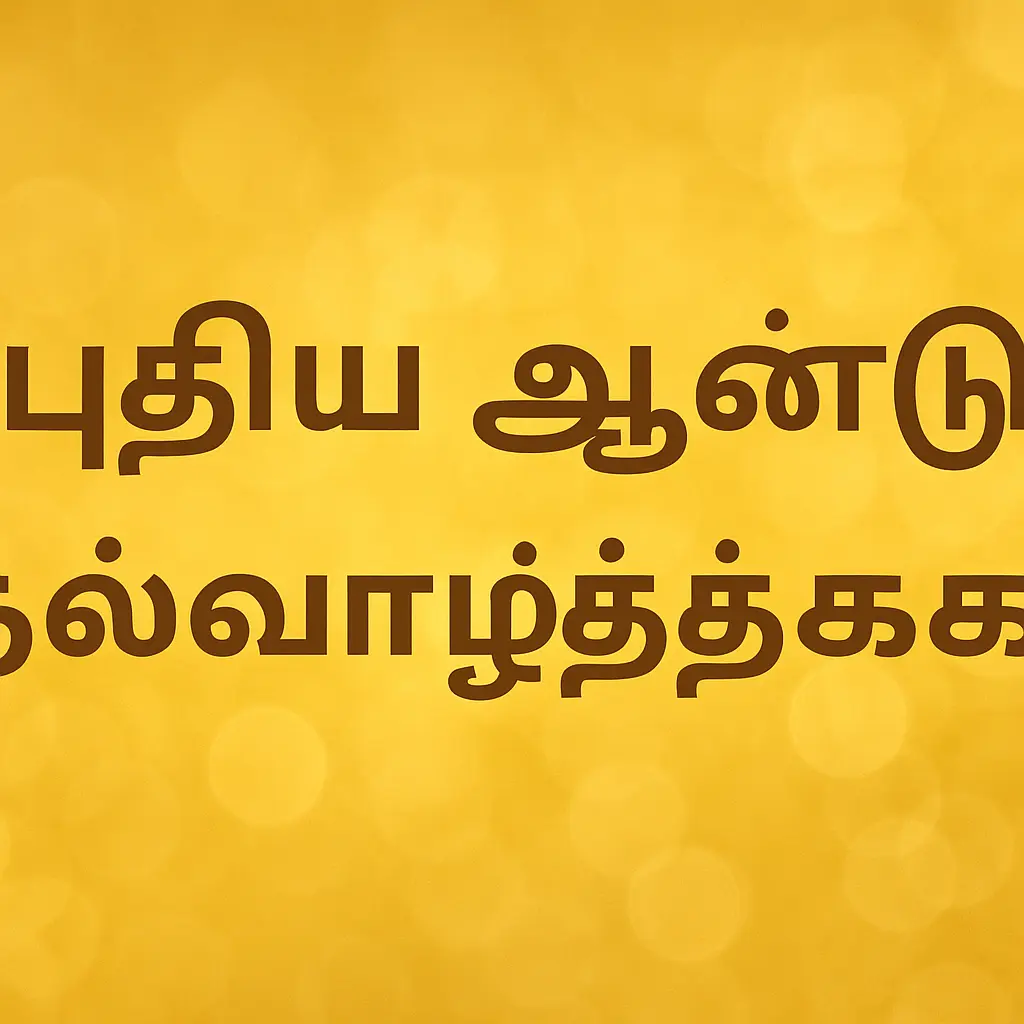 Tamil family and friends celebrating New Year with sparklers and “புத்தாண்டு நல்வாழ்த்துக்கள்” greeting cards.