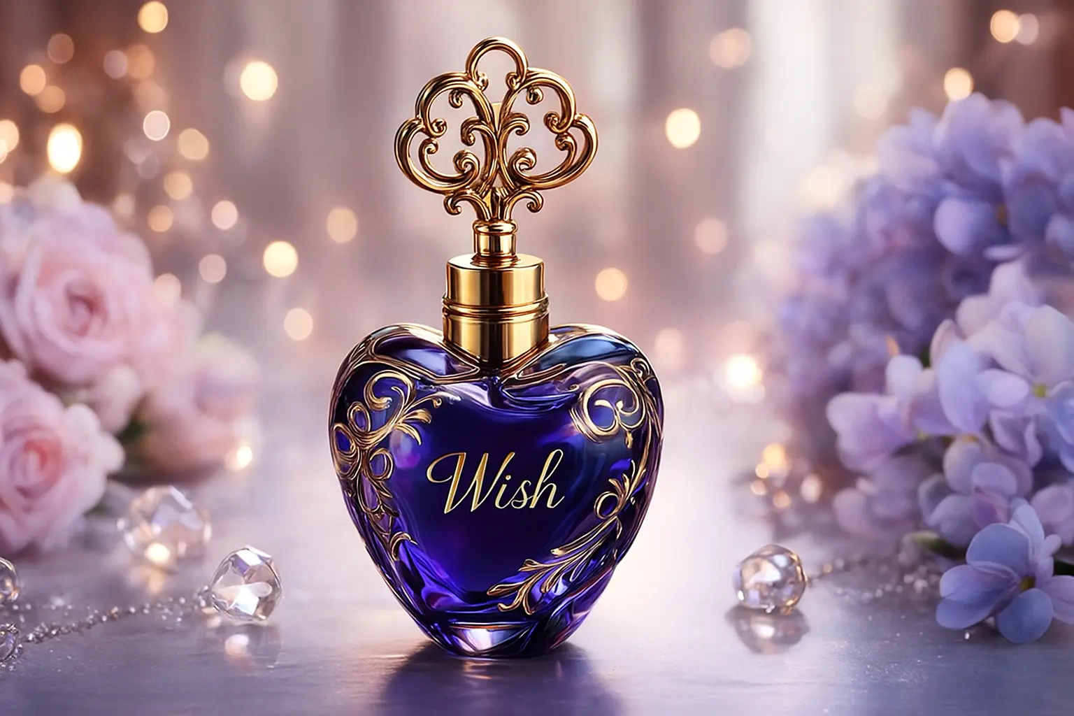 Whimsical purple perfume bottle on a decorated vanity with a birthday wish card beside it.