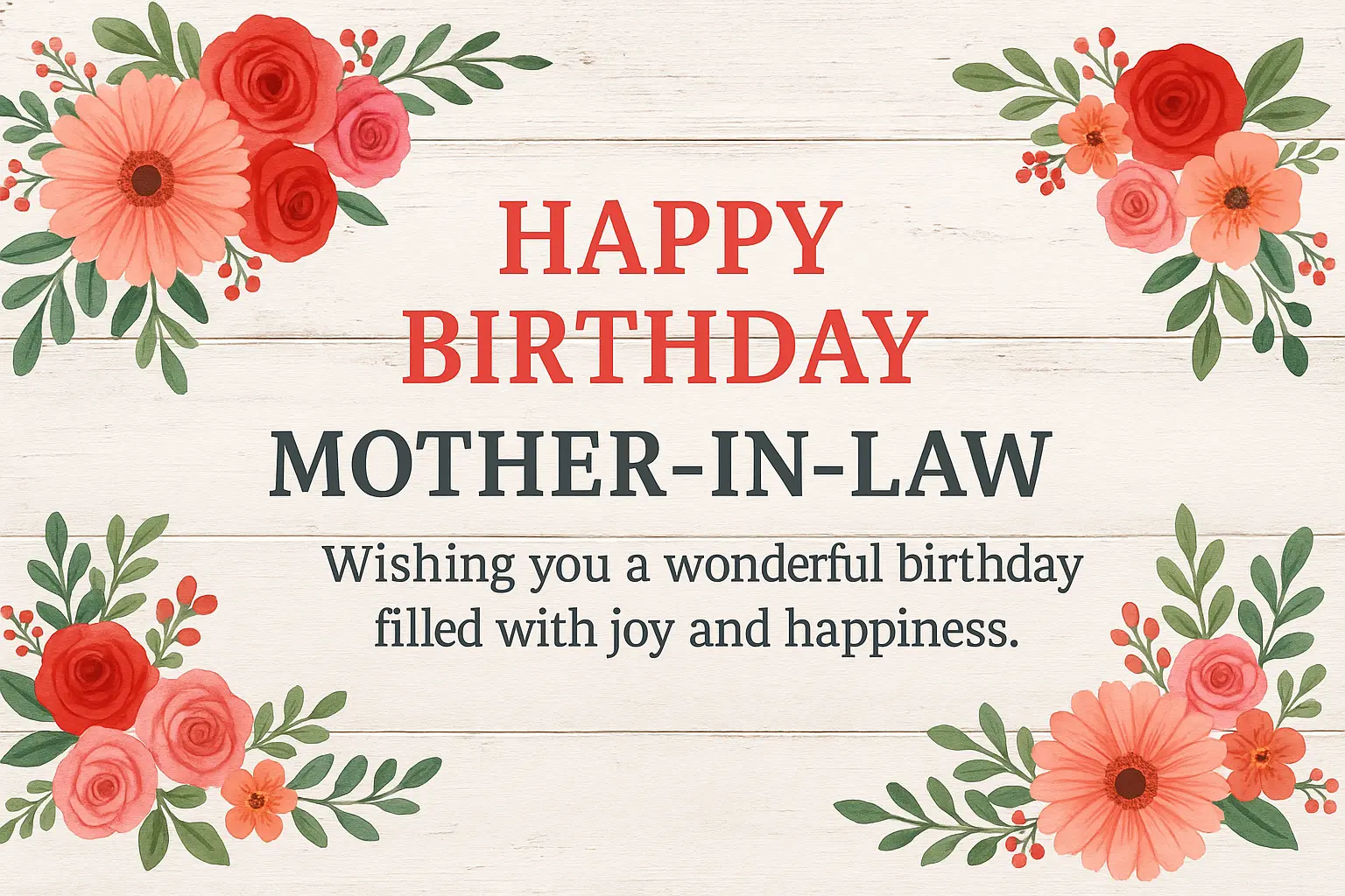 Family celebrating a smiling mother-in-law with birthday cake, flowers, and a card in a warm living room.