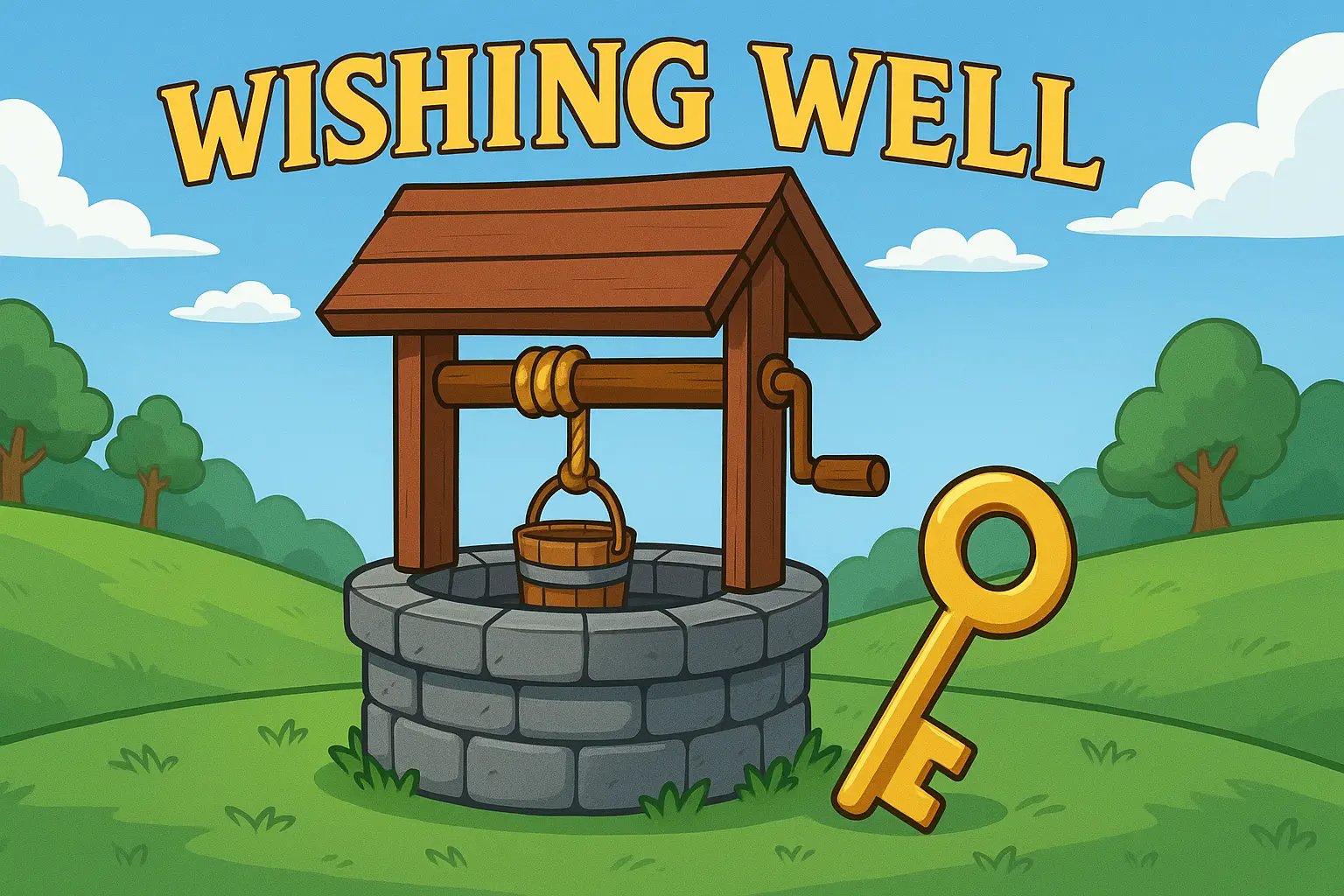 Cartoon plaza scene with Neopets characters tossing coins into a glowing wishing well at dusk.