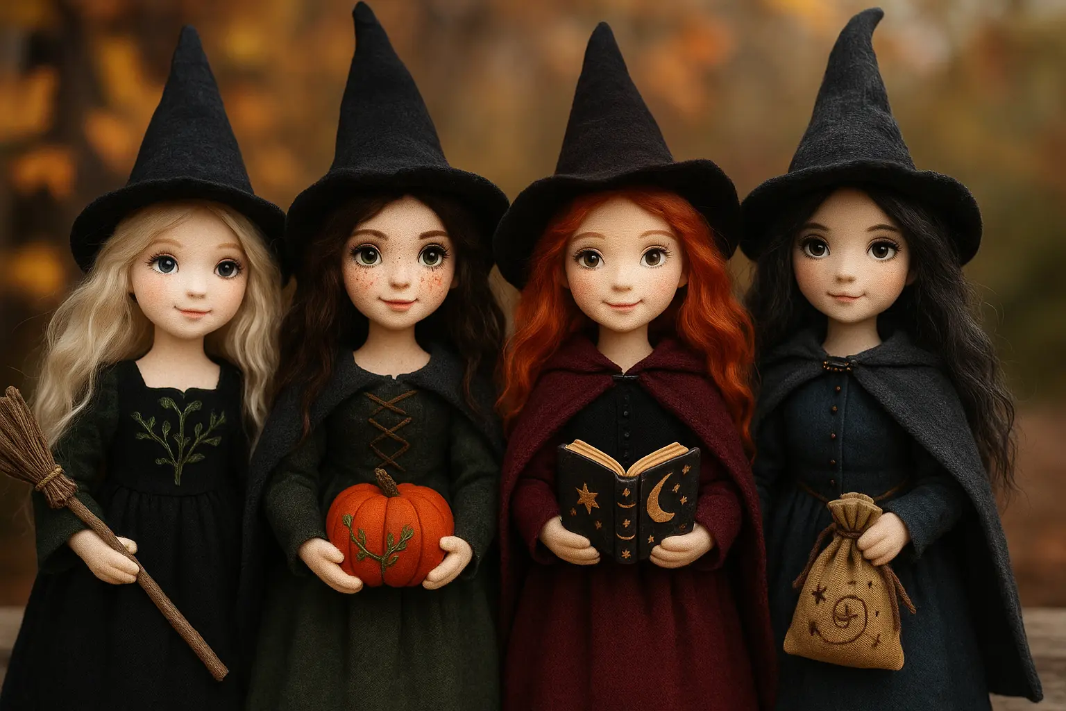 A small group of handmade wish dolls and a red Daruma doll on a cozy bedside table next to a notebook of wishes.