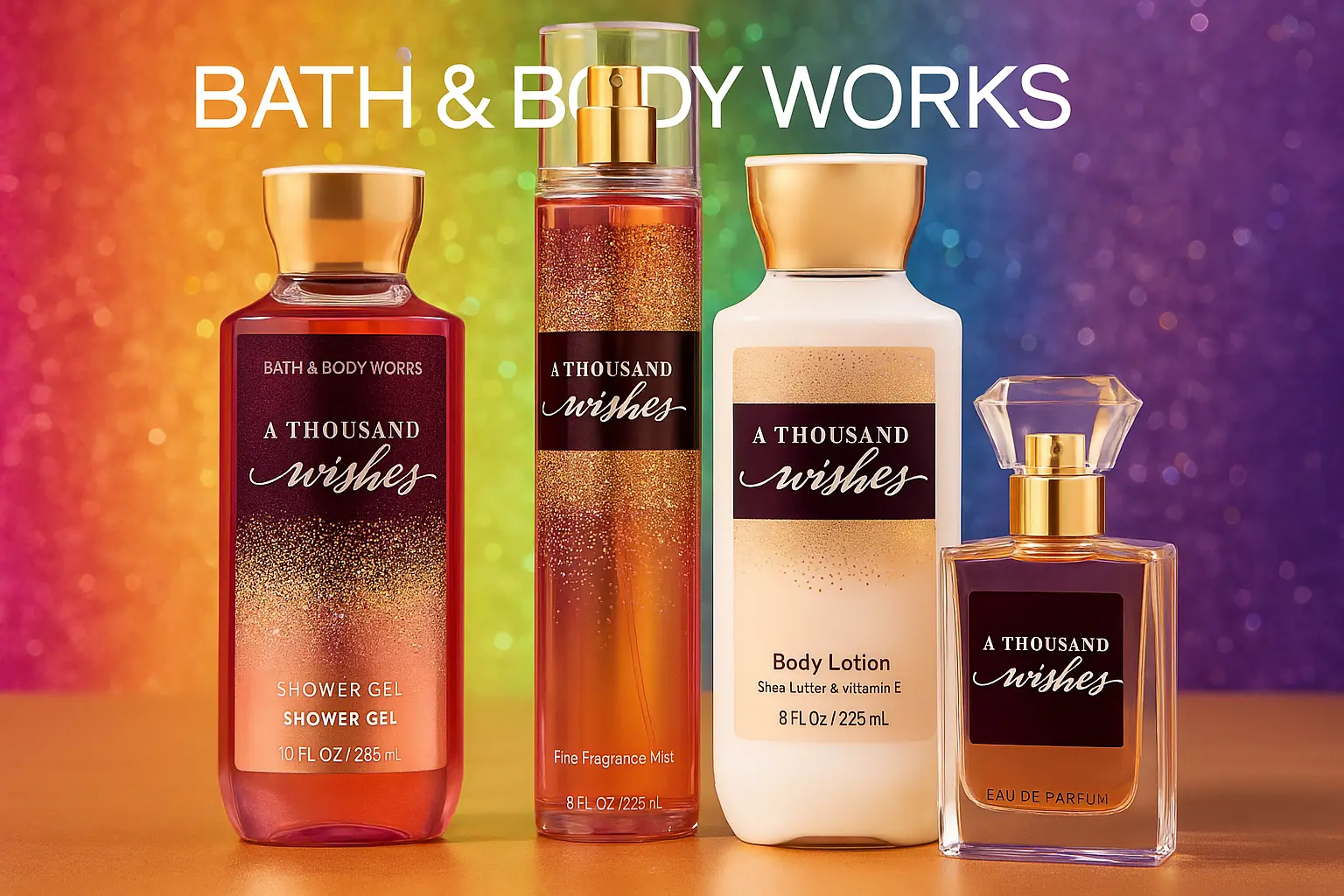 Bath & Body Works A Thousand Wishes body care and gift card on a pink and gold vanity.