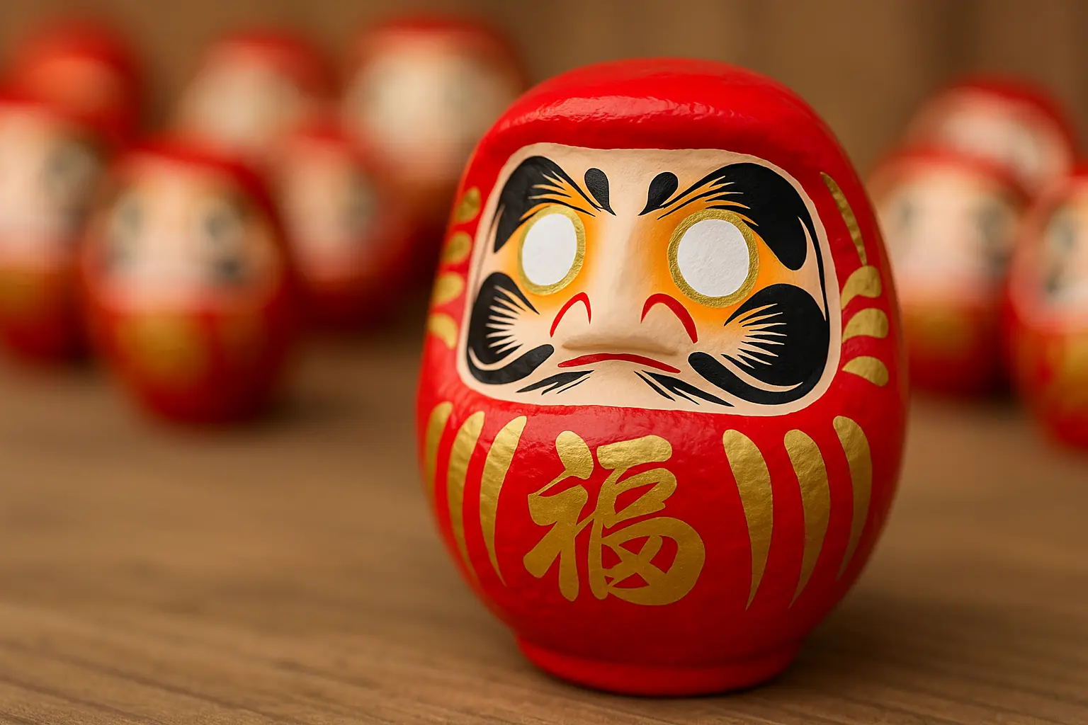 Colorful Japanese Daruma wish dolls lined up on a wooden shelf, one with a single painted eye.