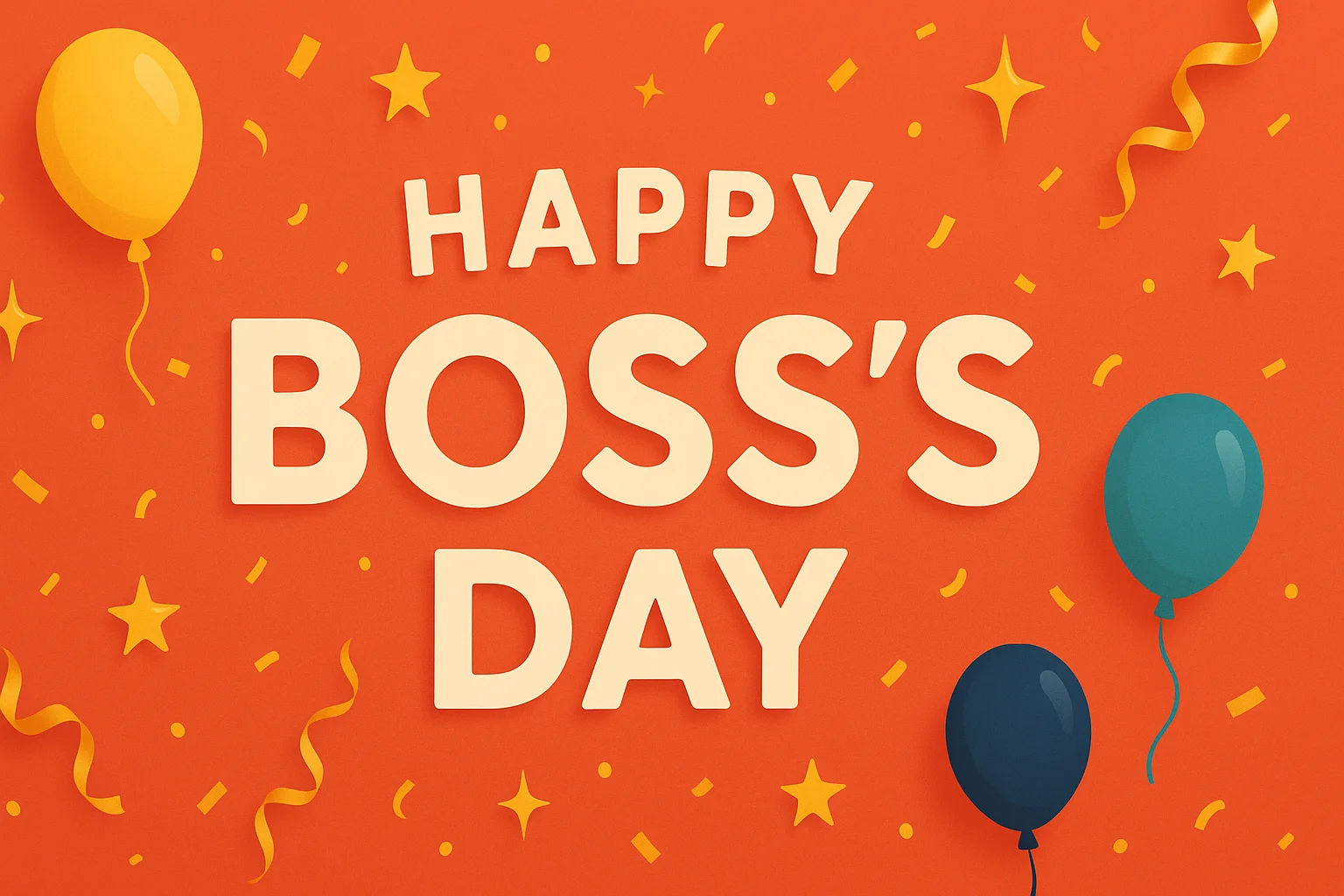 Office team smiling around their manager with a Happy Boss’s Day card and balloons on a desk.