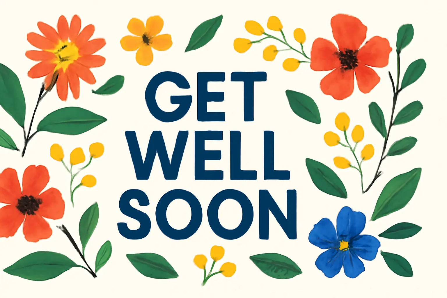 Get well soon card resting on a bedside table with flowers and soft light.