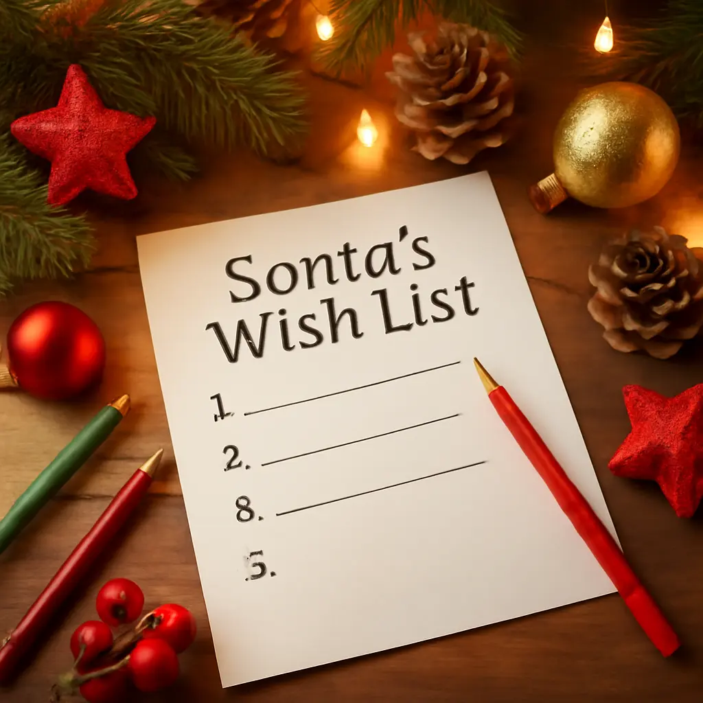 Holiday desk with printed Christmas wish list templates and festive decorations