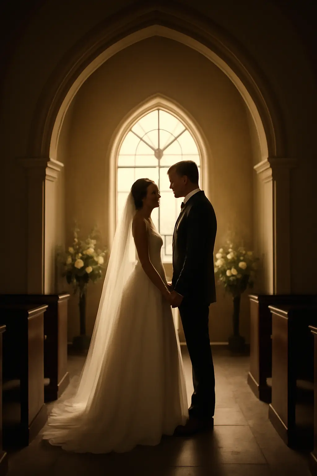 Wedding couple under a softly glowing chapel arch, symbolizing sacred union.