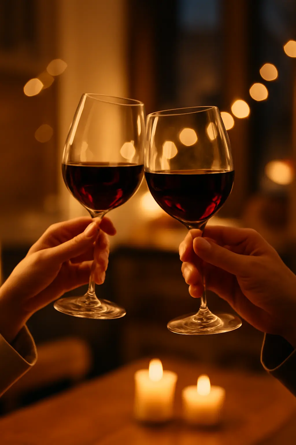 Two hands holding wine glasses mid-toast in warm light