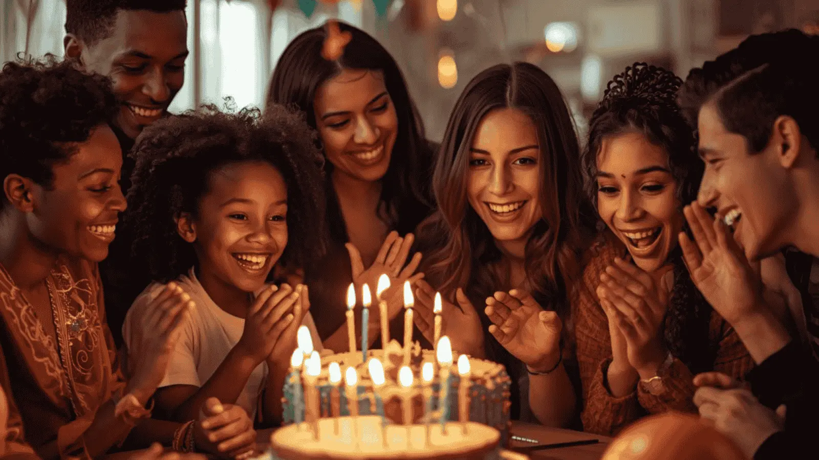 Joyful group of family and friends celebrating a birthday with cake and balloons, inspired by birthday wishes in Spanish