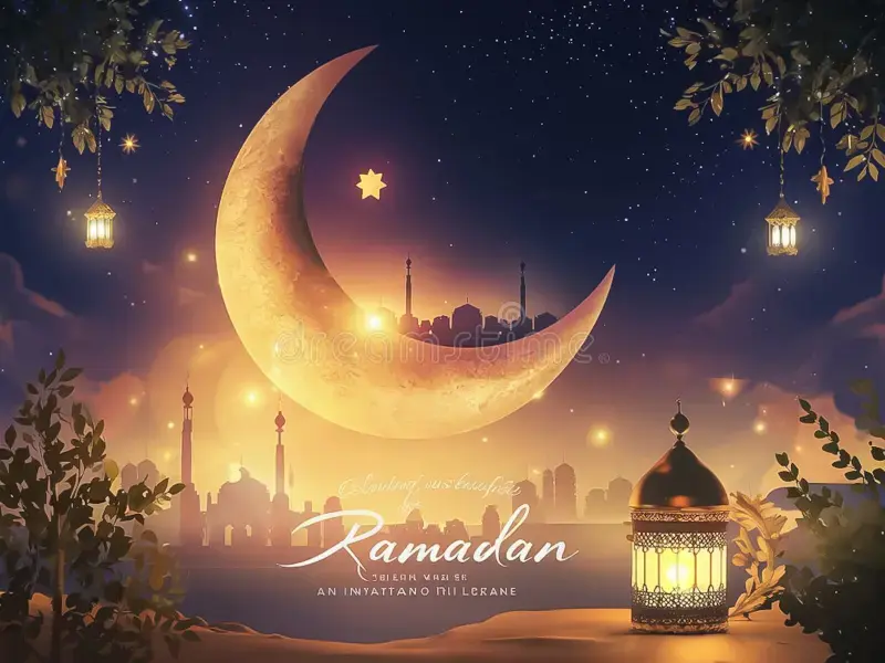 High-quality landscape Ramadan Kareem card for how to wish happy ramadan, showcasing golden crescent moon, hanging lanterns, and subtle mosque details perfect for wishes to friends.