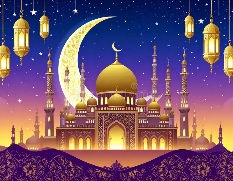 Wide horizontal Ramadan greeting featuring how to wish happy ramadan to friends, with glowing lanterns, mosque silhouette, and traditional motifs in warm tones.