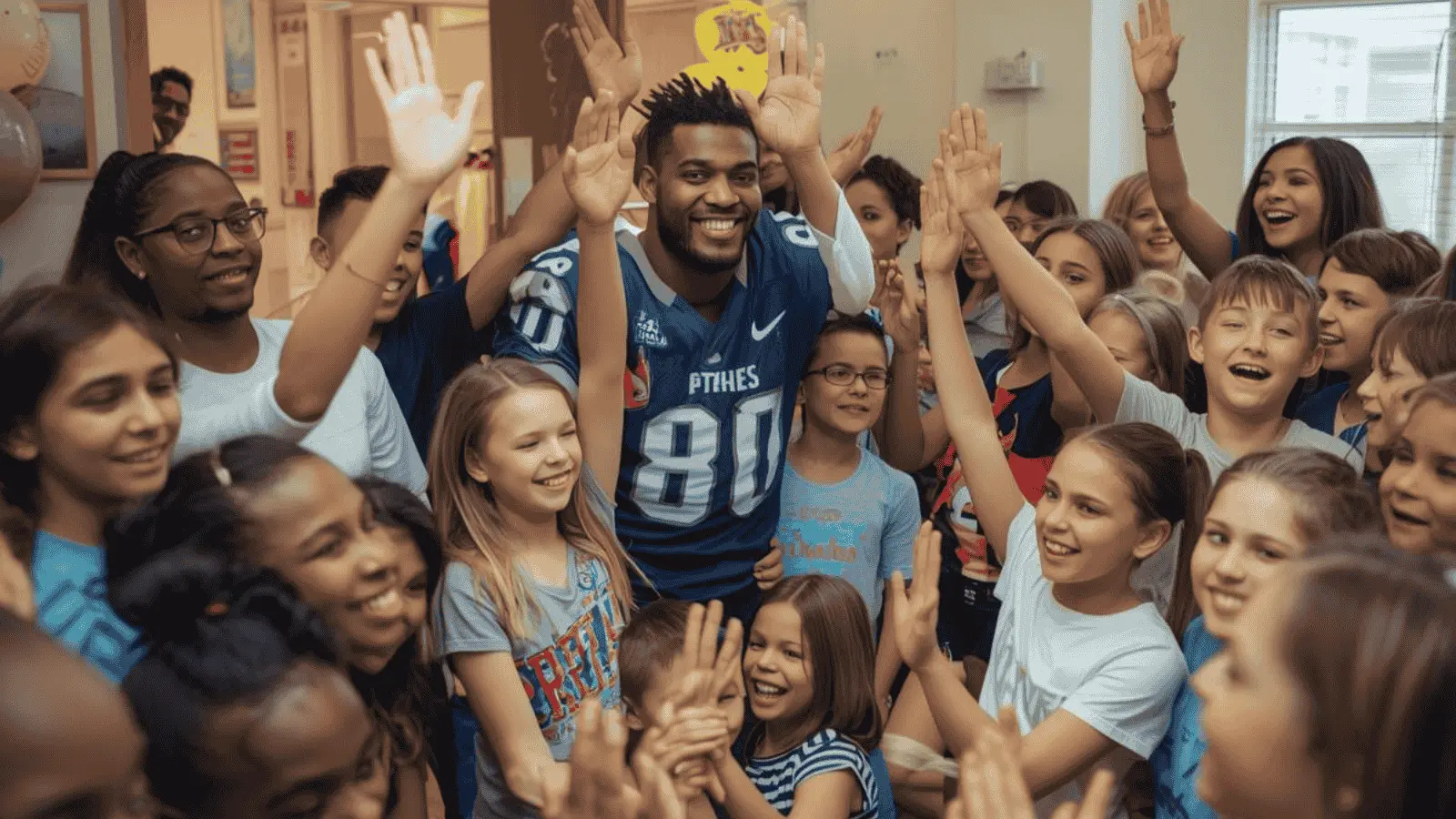 Children celebrating with a caring celebrity granting wishes, full of hope and happiness