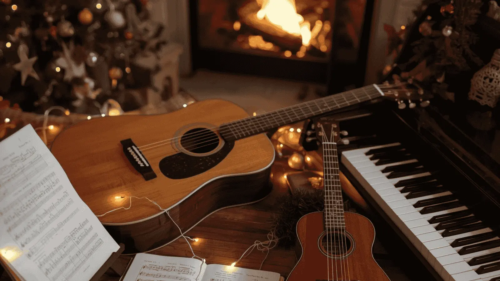 (A cozy holiday scene with acoustic guitar, ukulele, and piano ready for playing We Wish You a Merry Christmas chords)