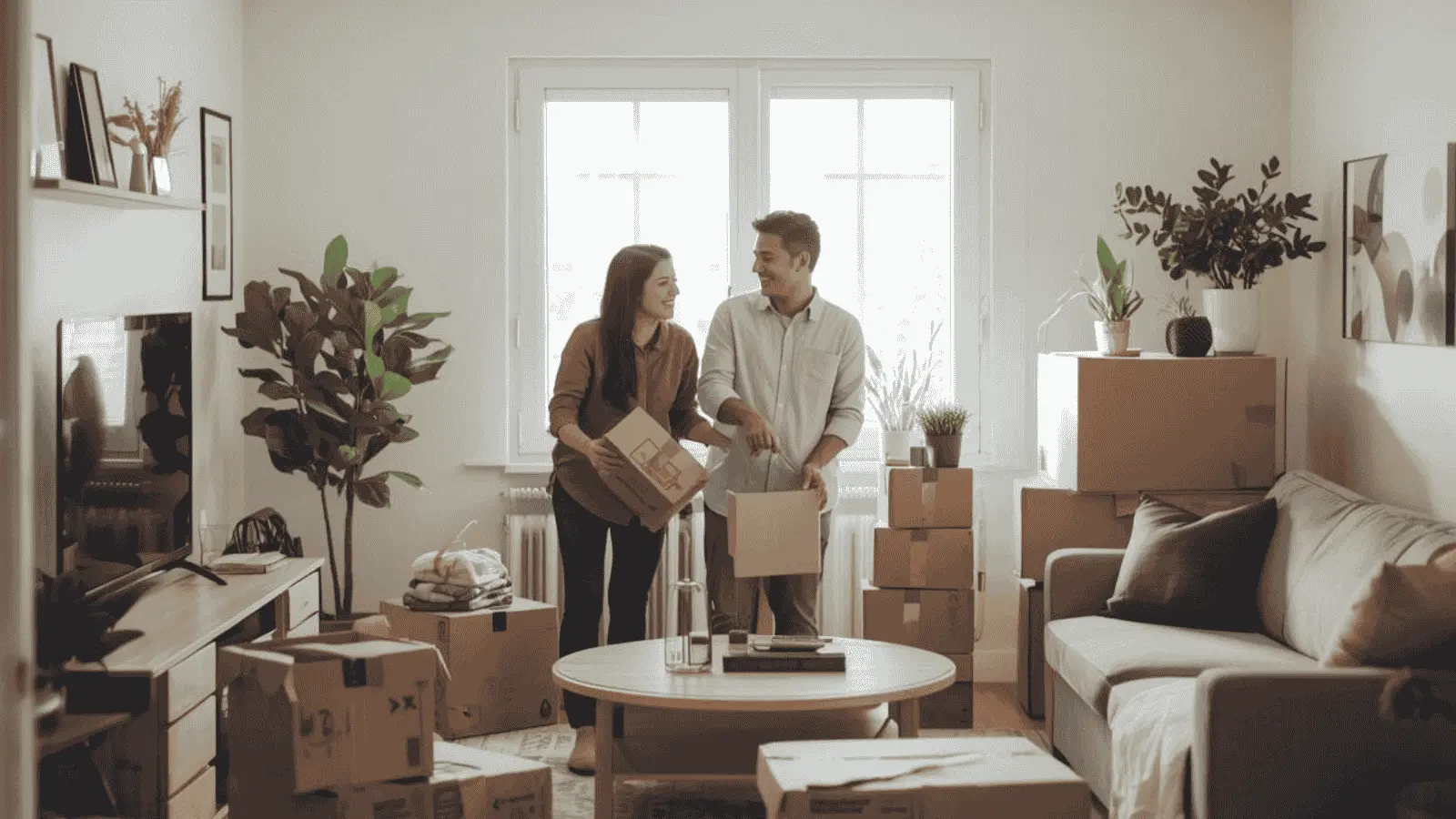 Couple enjoying their new smaller home after downsizing, with smart storage and cozy setup.