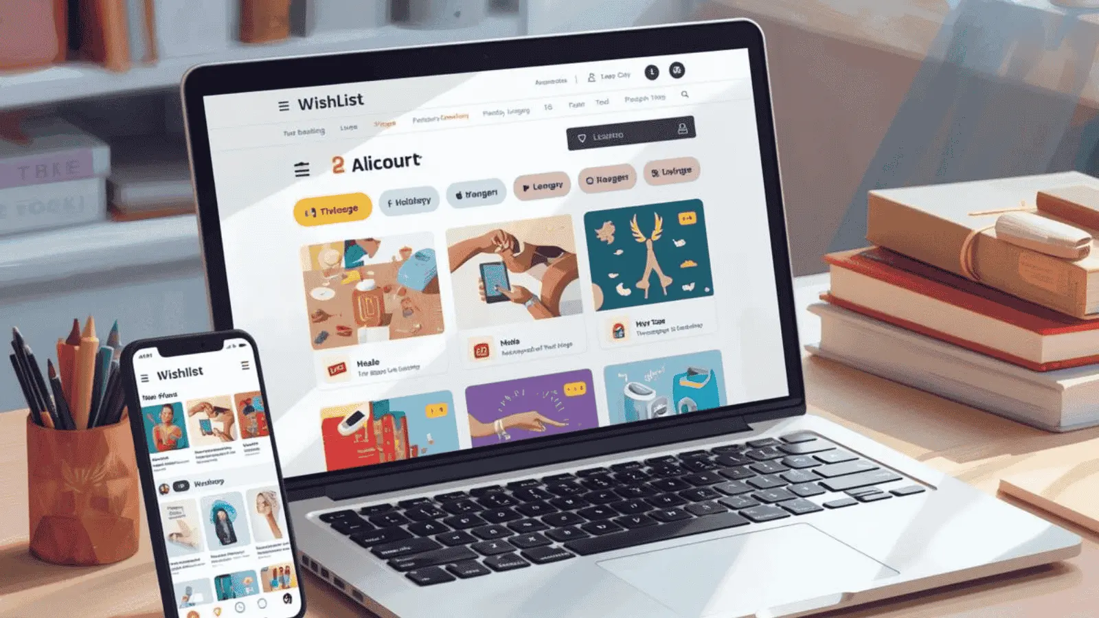 Laptop and smartphone displaying universal wishlists with products from multiple retailers