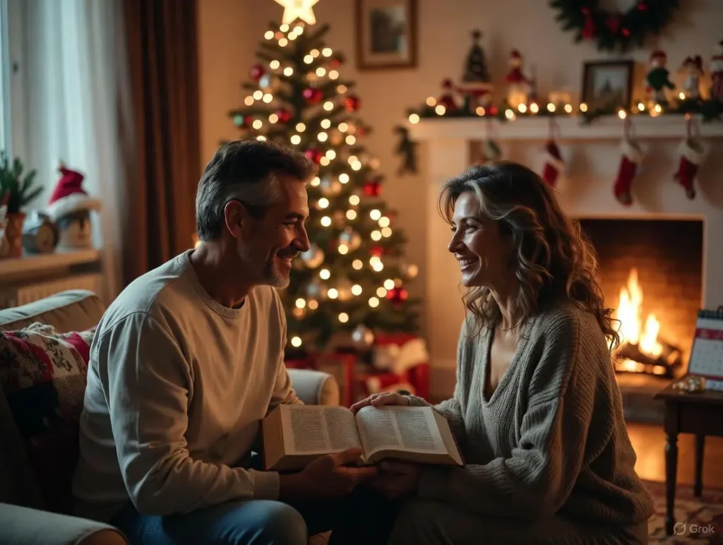 A smiling Christian couple holds an open Bible in a warmly lit living room decorated for happy Christmas and New Year wishes, celebrating with Christian wedding anniversary wishes with Bible verses.