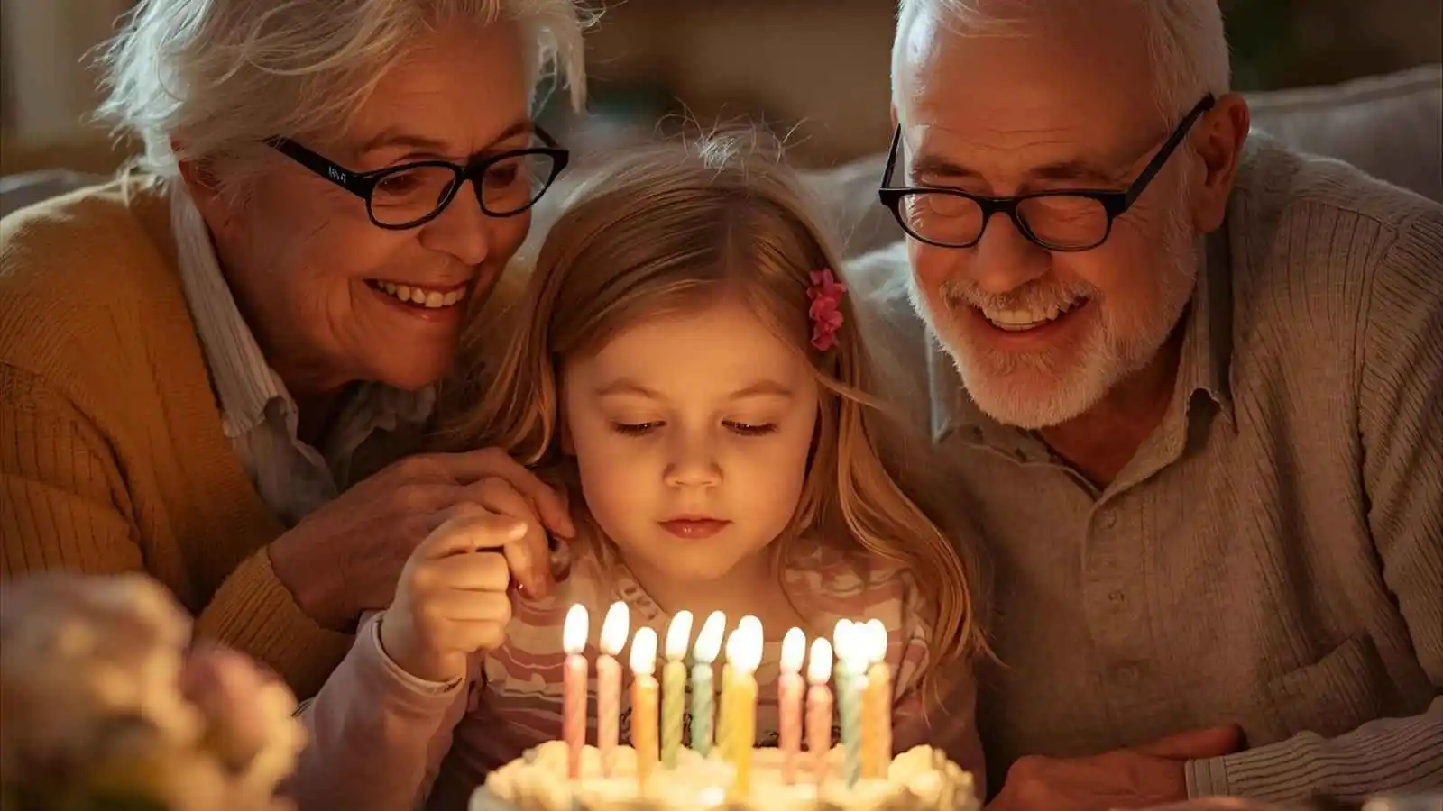 Grandparents smiling beside their granddaughter as she blows out birthday candles at home.