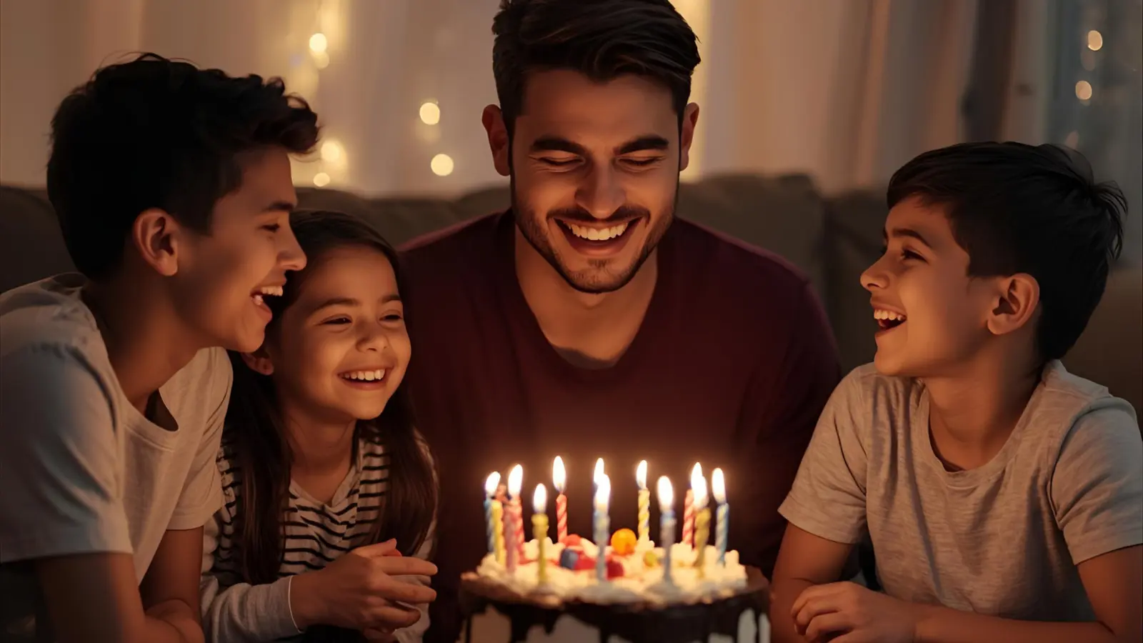 Male cousin laughing with family while blowing out birthday candles at a cozy party.