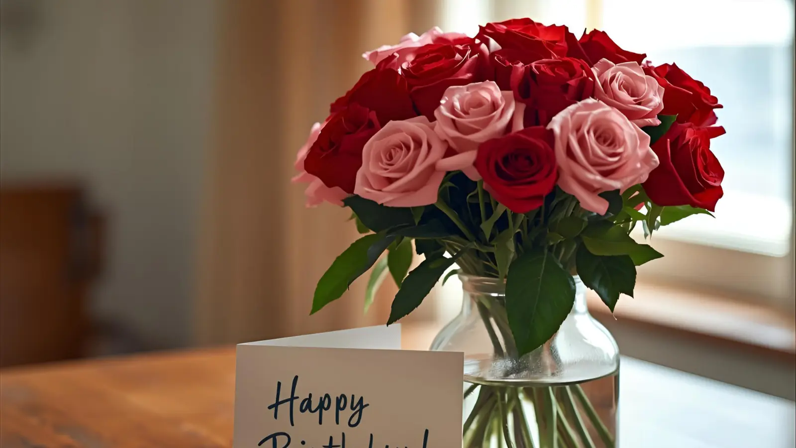 Vase of red and pink roses beside a handwritten happy birthday card and gift on a wooden table.