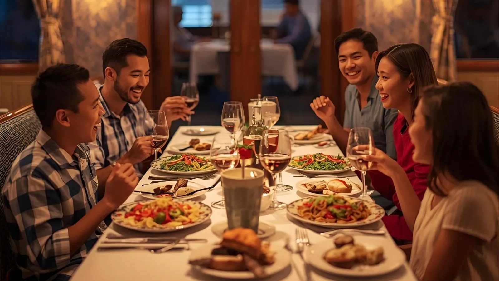 Family savoring diverse dishes at a Disney Wish themed restaurant table.