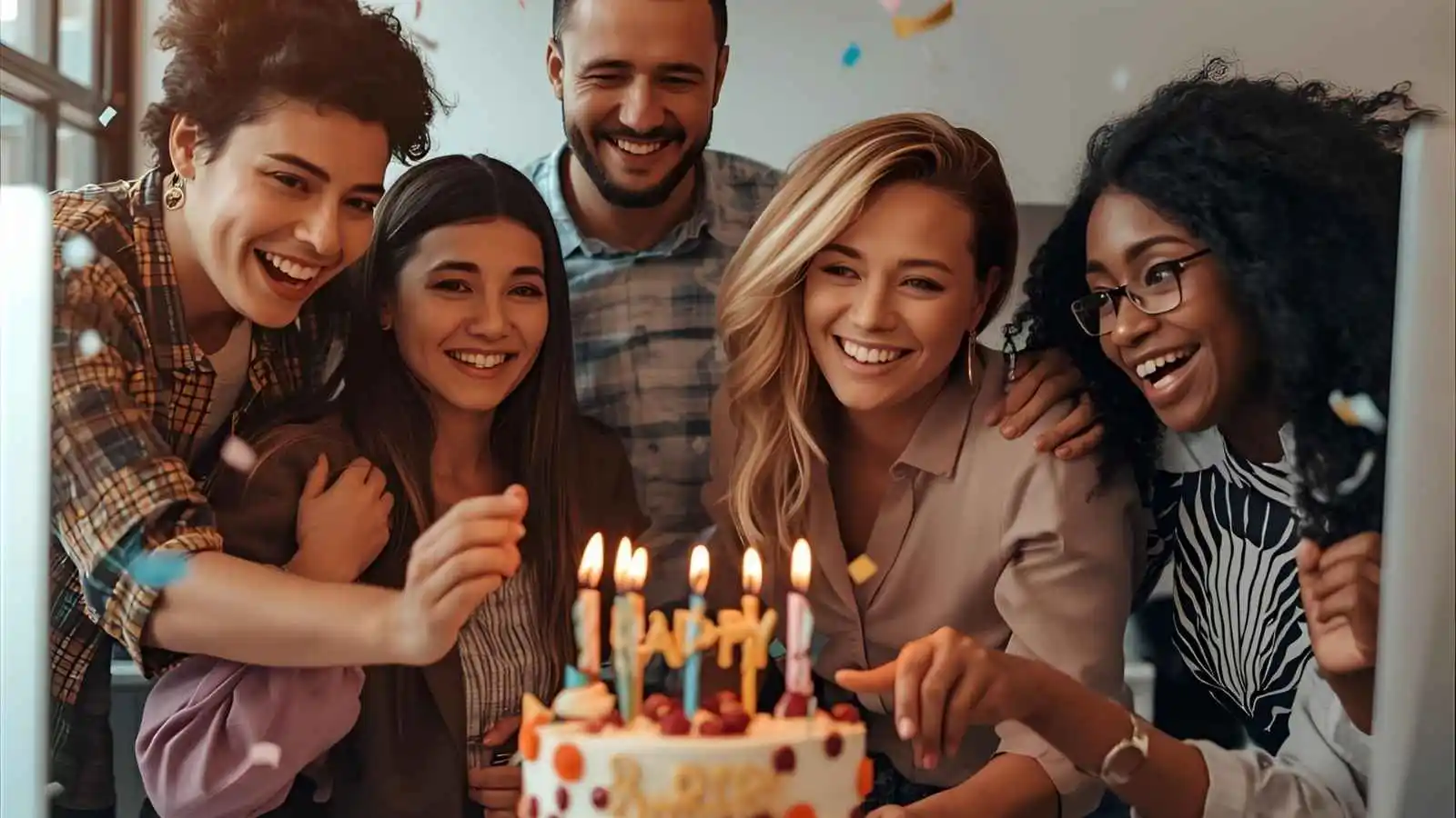 Coworkers celebrating a birthday in the office with cake and smiles.