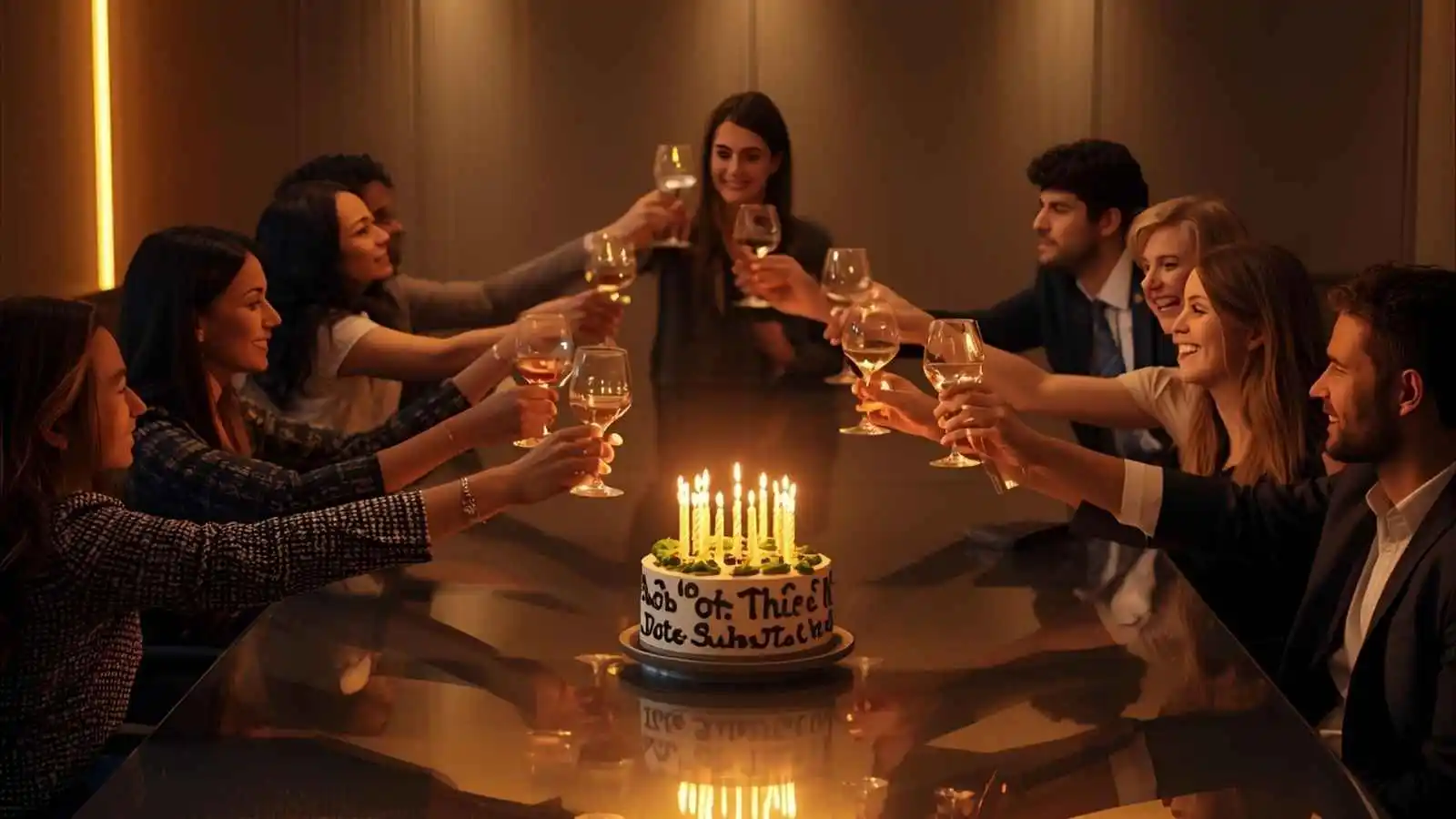 Team celebrating CEO birthday with cake and cheers in modern office.