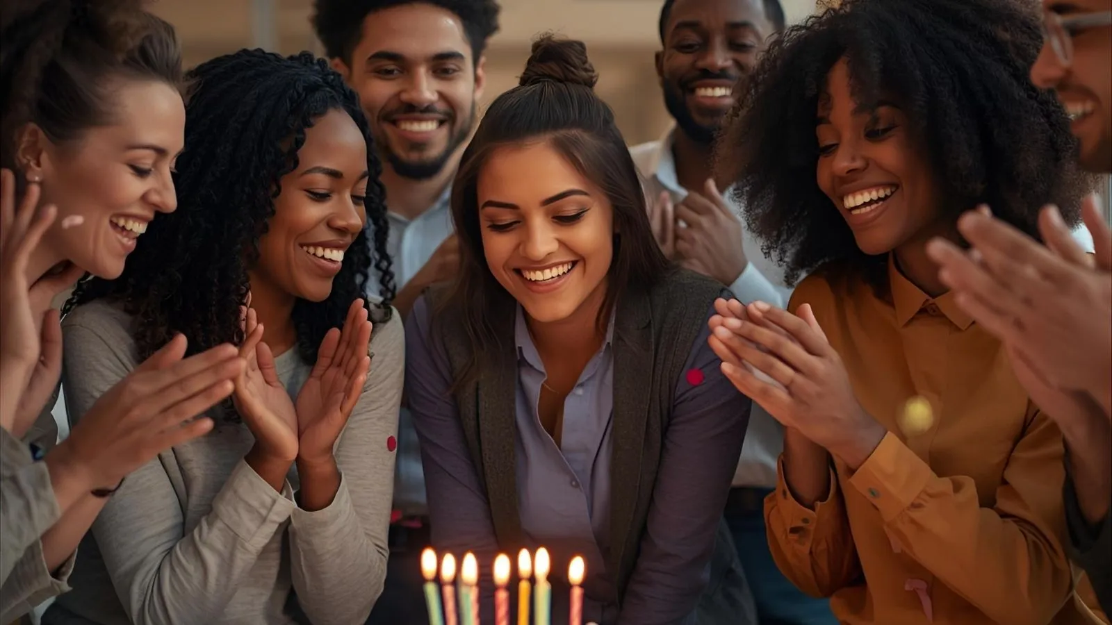 Colleagues celebrating an employee's birthday with cake and smiles in a bright office setting.