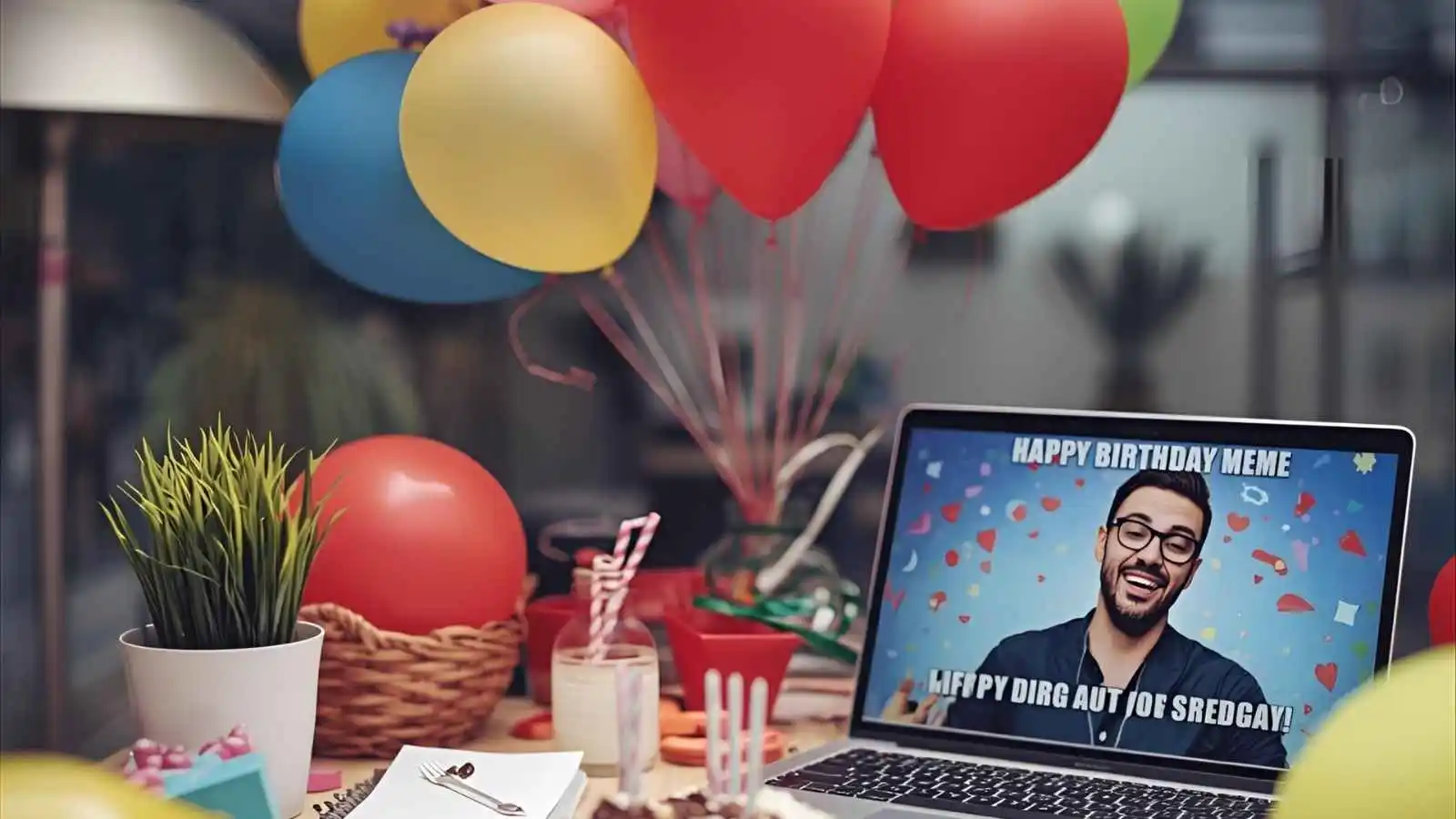 Office celebration scene with cake and balloons for a colleague's birthday fun.