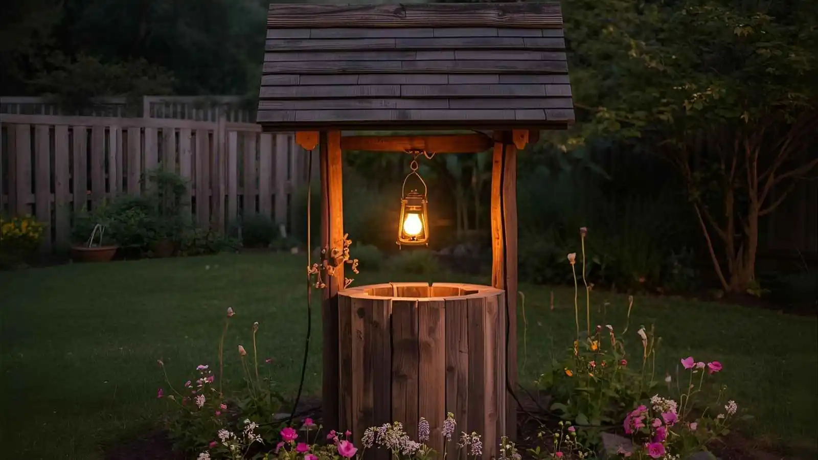 Rustic garden wishing well in a blooming backyard, ideal for tossing coins and sharing inspirational wishes with loved ones.