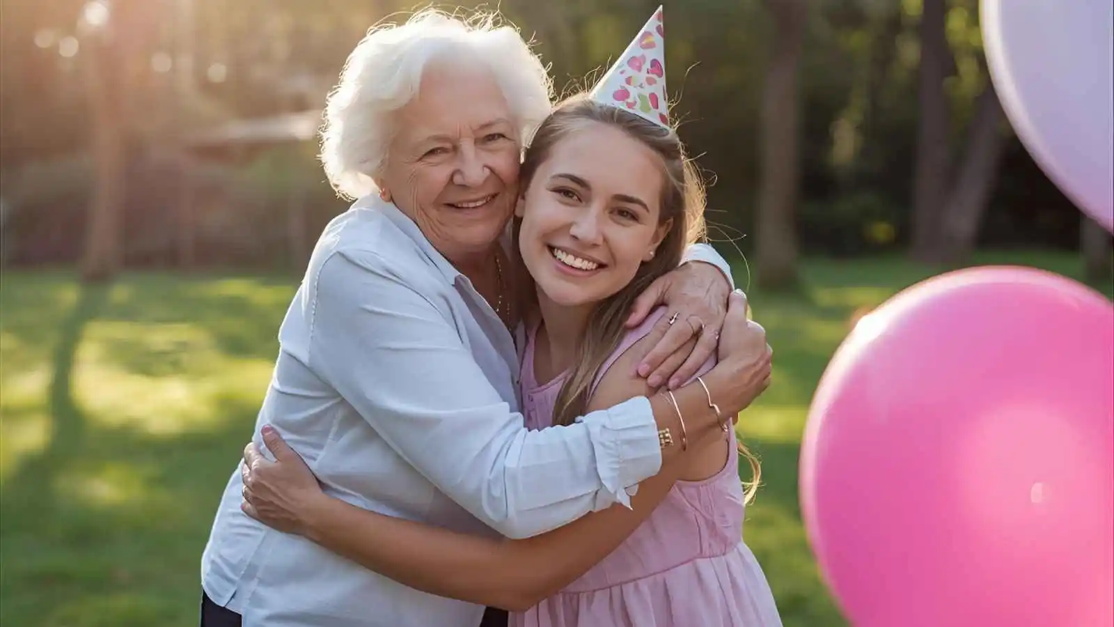 Grandmother and granddaughter sharing a birthday hug in a sunny park with balloons and cake.