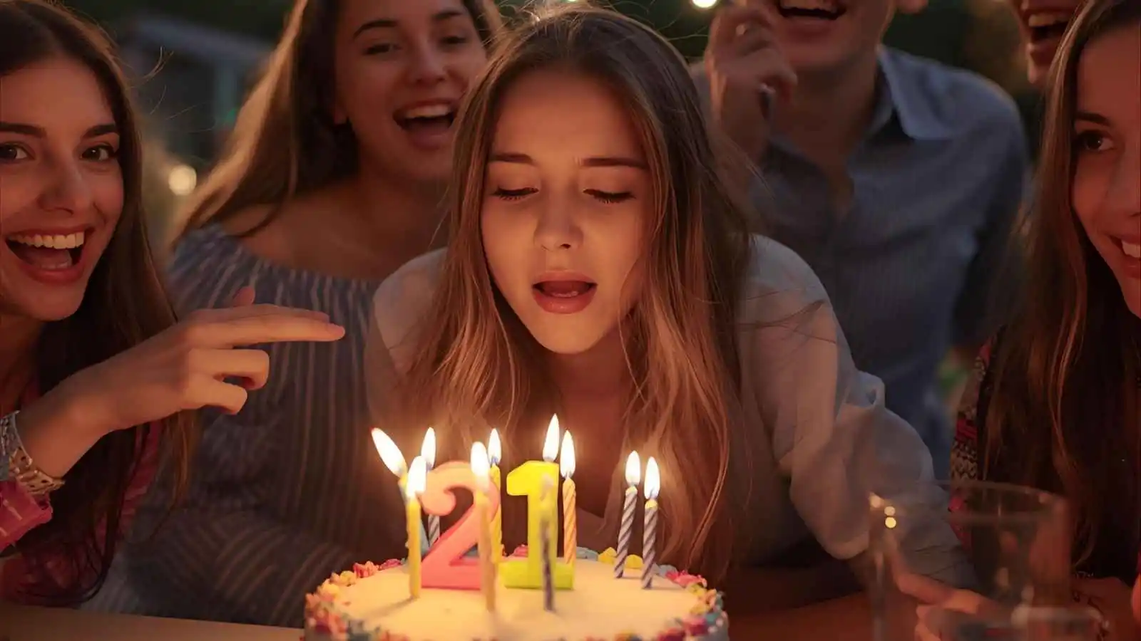 Young adult celebrating 21st birthday with cake and loved ones in a warm, festive setting.