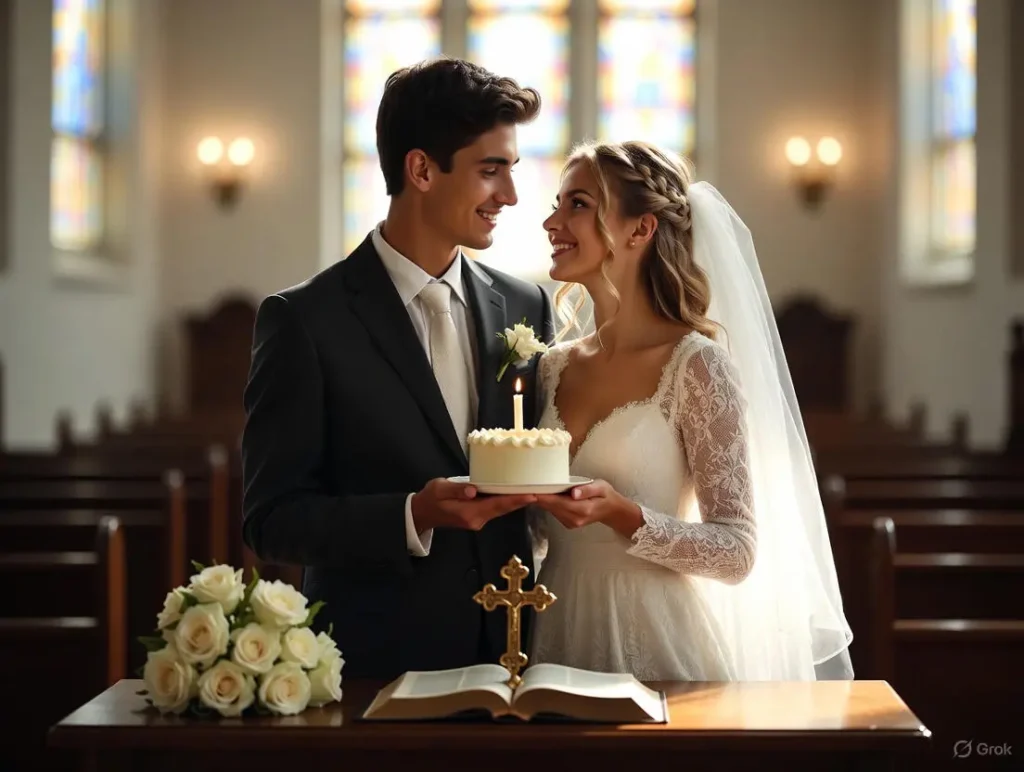 A joyful couple celebrates their first Christian wedding anniversary surrounded by Christmas decorations and a festive anniversary cake, sharing happy Christmas and new year wishes.