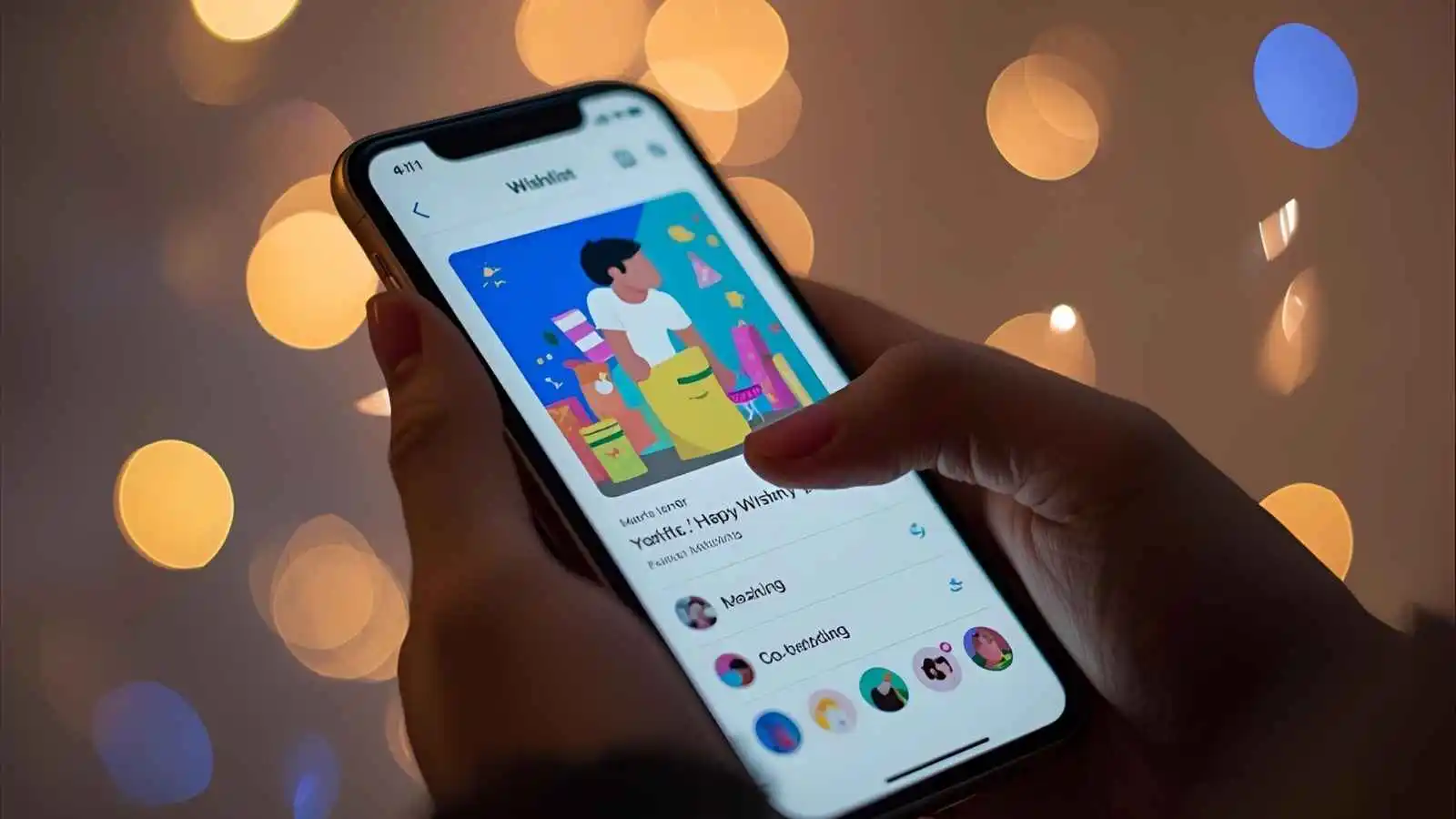 Person holding a phone and sending a colorful digital greeting through a wishlist-style app, with soft celebration icons around the screen.
