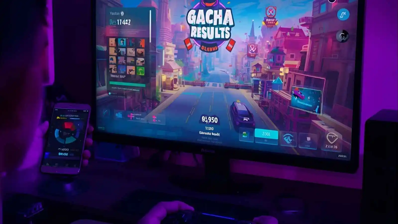 Gaming desk with Zenless-style gacha results on a monitor and a pull tracker chart on a nearby phone.