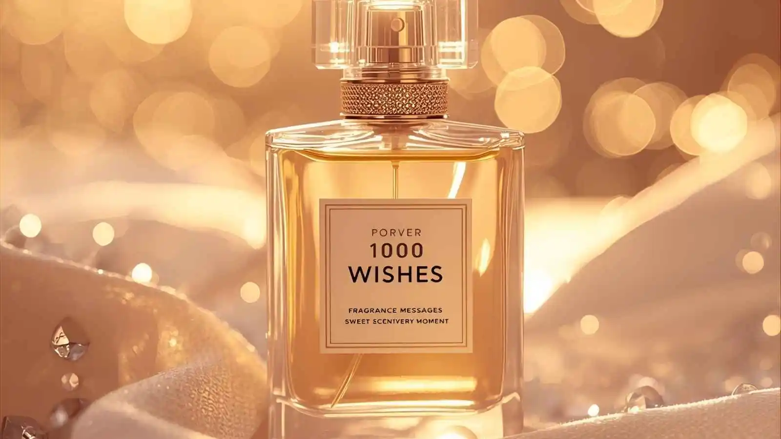 Pink celebratory perfume bottle with gift box, flowers and warm lights on a blush background.