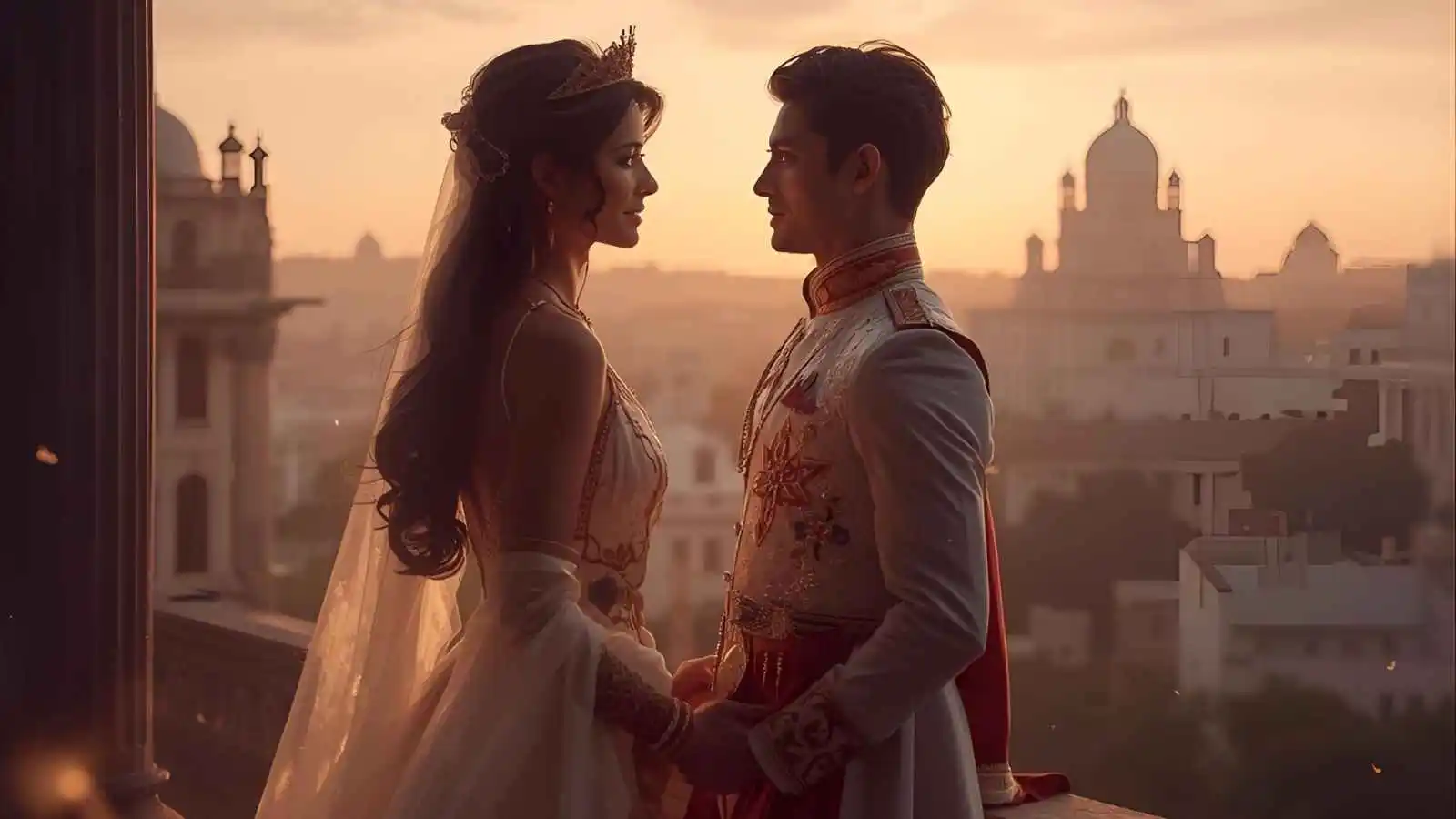 Couple standing on a balcony at sunset in a modern city, sharing a romantic “as you wish, prince” moment.