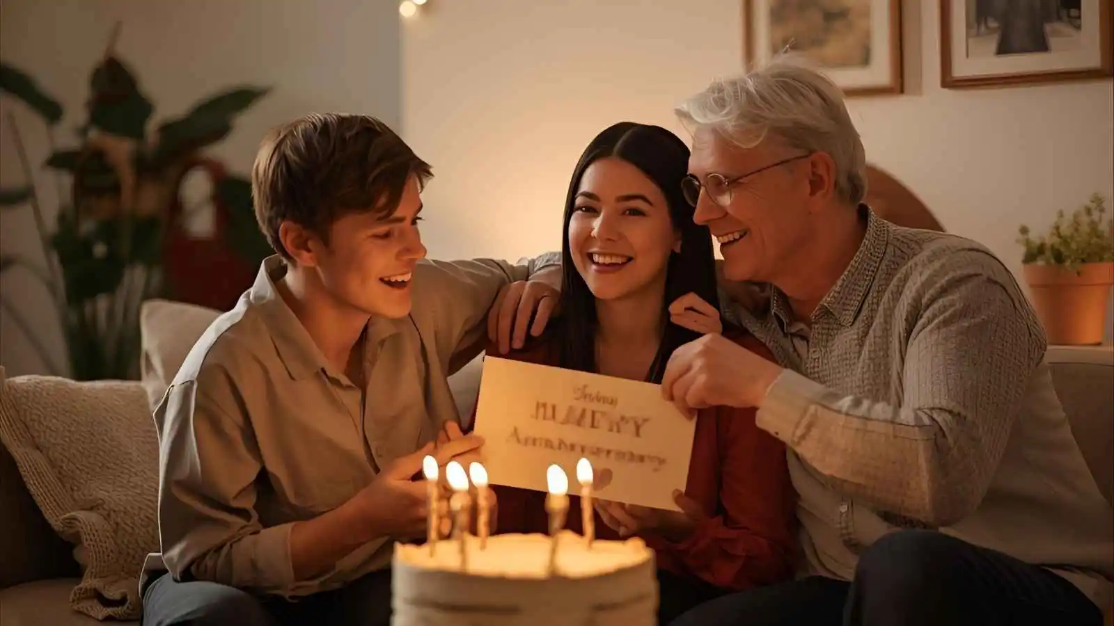 Adult children celebrating their parents’ wedding anniversary with cake, card, and smiles at home.