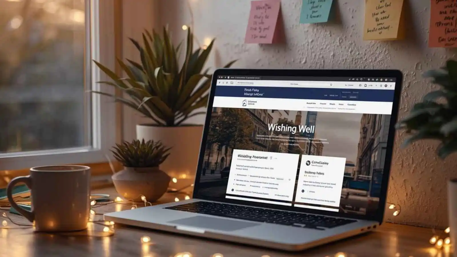 A laptop on a cozy desk displays an online wishing well for wedding contributions with messages and donations visible, amid fairy lights, plants, and wish notes in a warmly lit room.