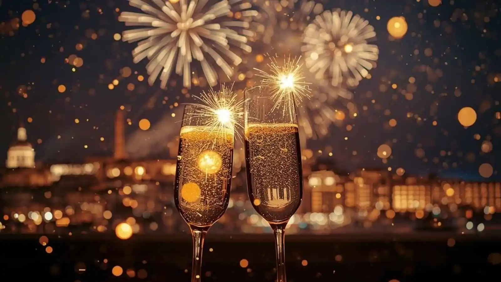 Fireworks lighting up Italian New Year night with toasts and cheers