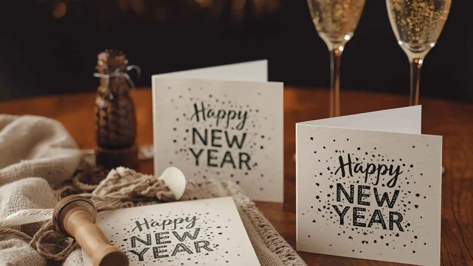 (Handmade New Year cards stamped with festive greetings alongside champagne and sparkles)