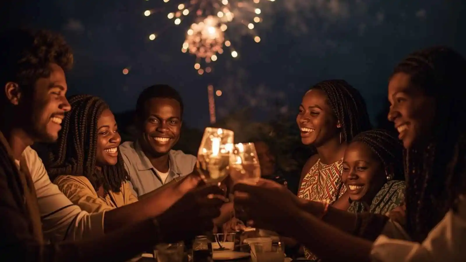 Family celebrating New Year with Swahili greeting and fireworks.