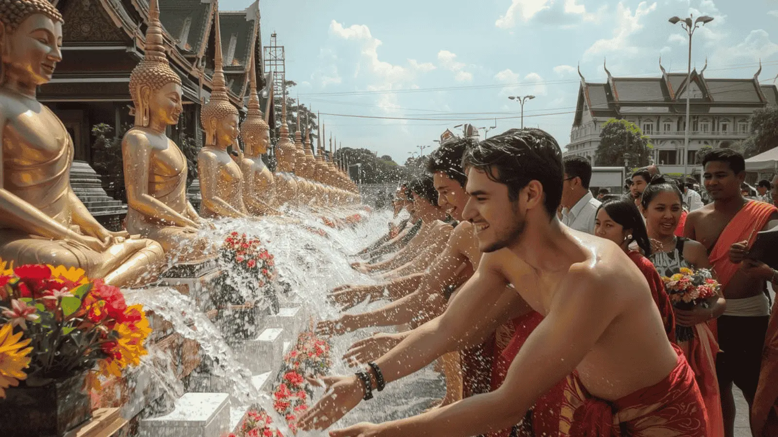 (People celebrating Songkran Thai New Year with water splashing and blessings)