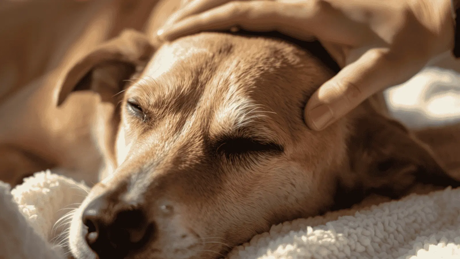 Elderly dog resting comfortably at home with owner's gentle touch during final moments