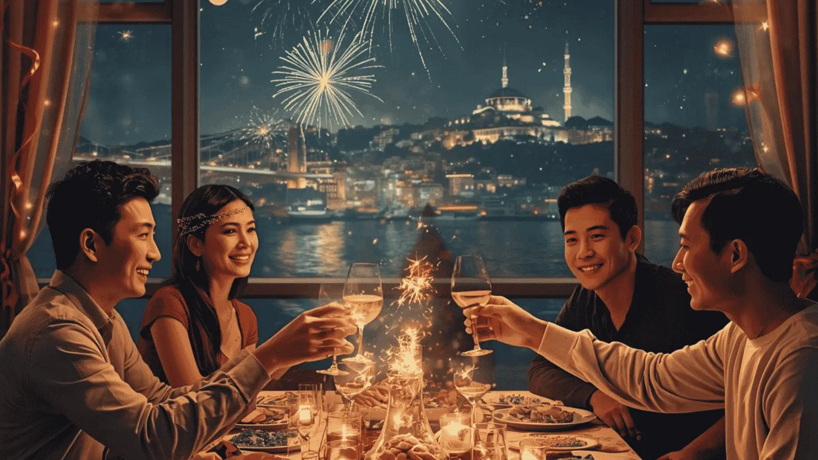 (A festive Turkish New Year celebration with fireworks, family dinner, and joyful toasts)