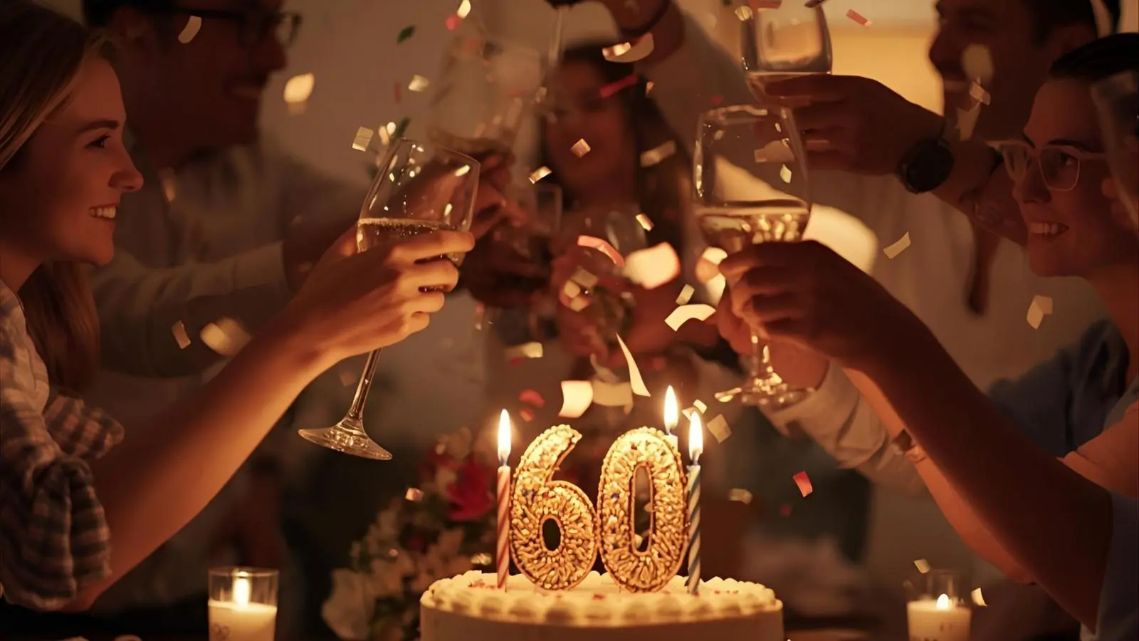 Cozy birthday gathering around a 60th birthday cake with candles and raised glasses celebrating