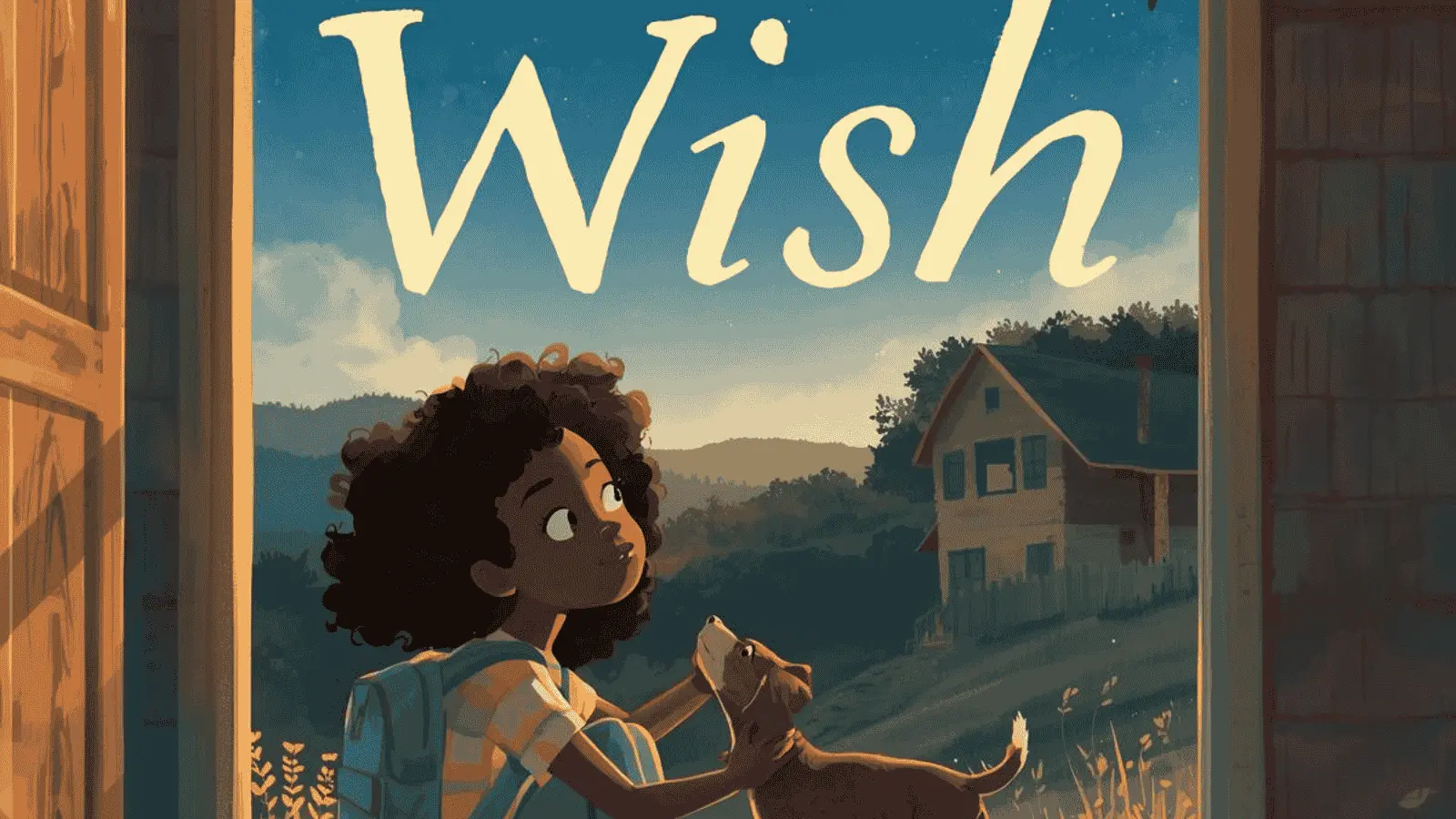 Illustration of a young girl petting a stray dog on a mountain porch at dusk, gazing hopefully at the stars, capturing the heartfelt spirit of Wish by Barbara O'Connor.