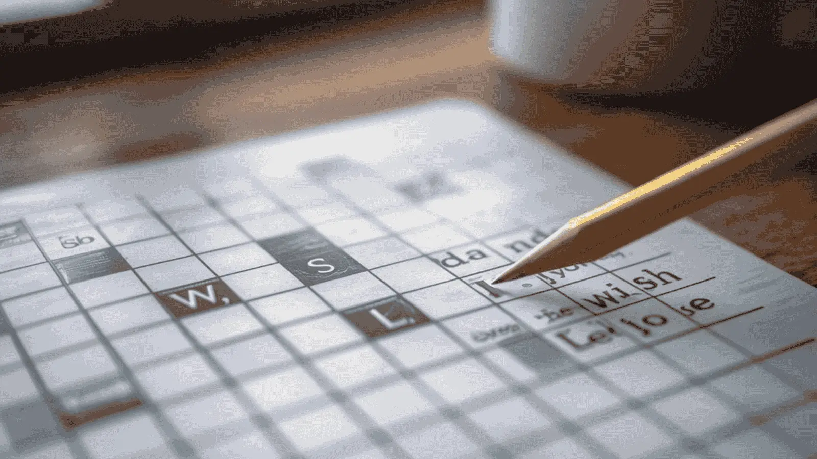 Partially completed crossword puzzle on paper with the clue "Wish undone" highlighted and a 3-letter empty space.