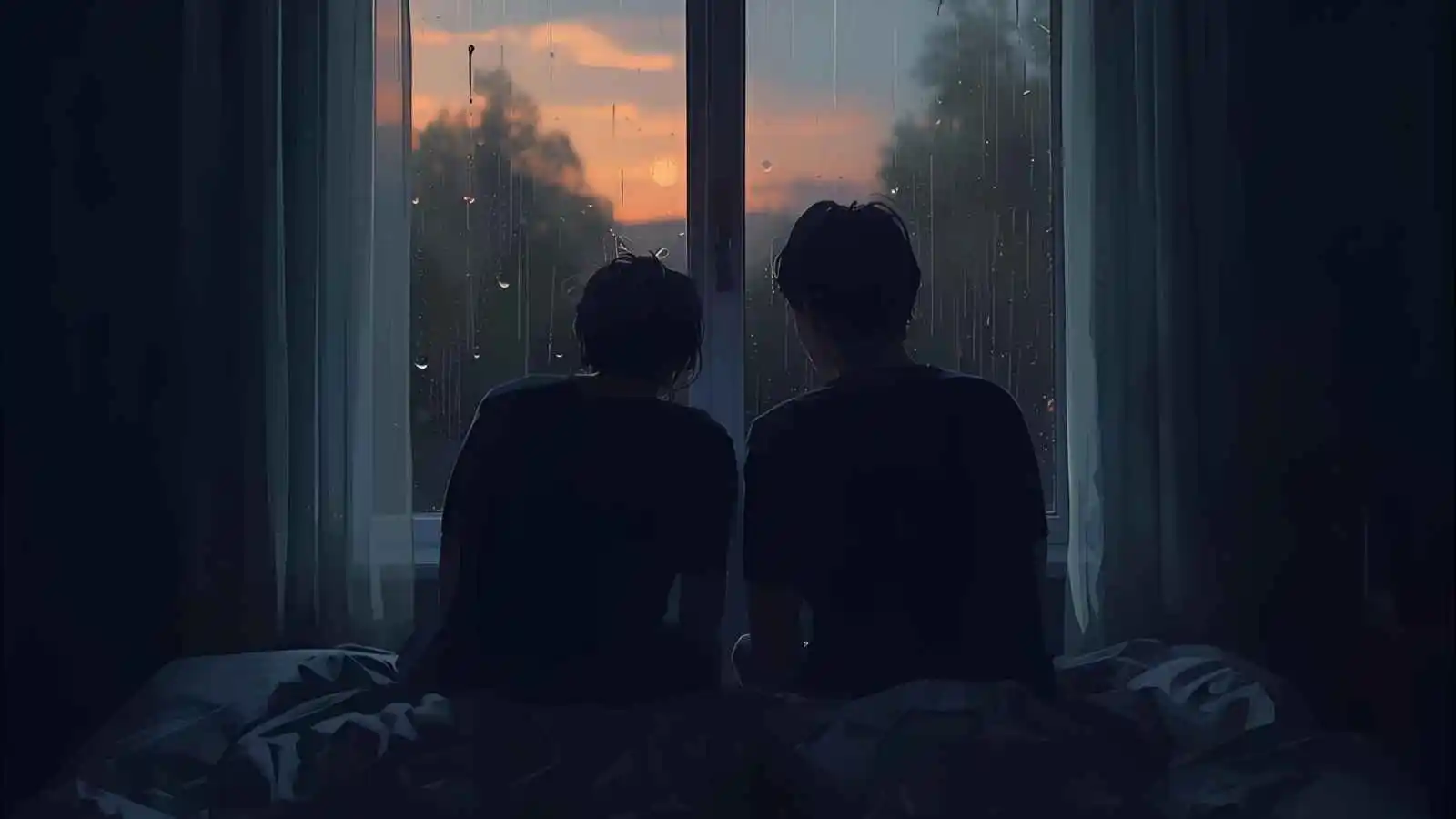 Silhouettes near a dim window at dusk reflecting longing for a distant loved one.