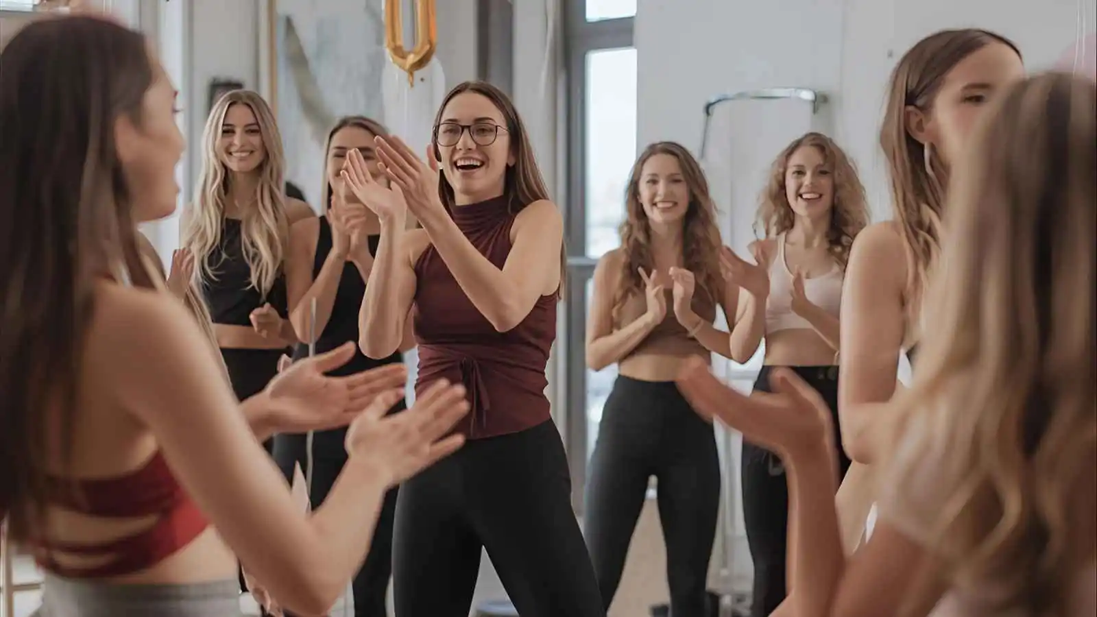 : People celebrating the opening of a dance studio with balloons and applause